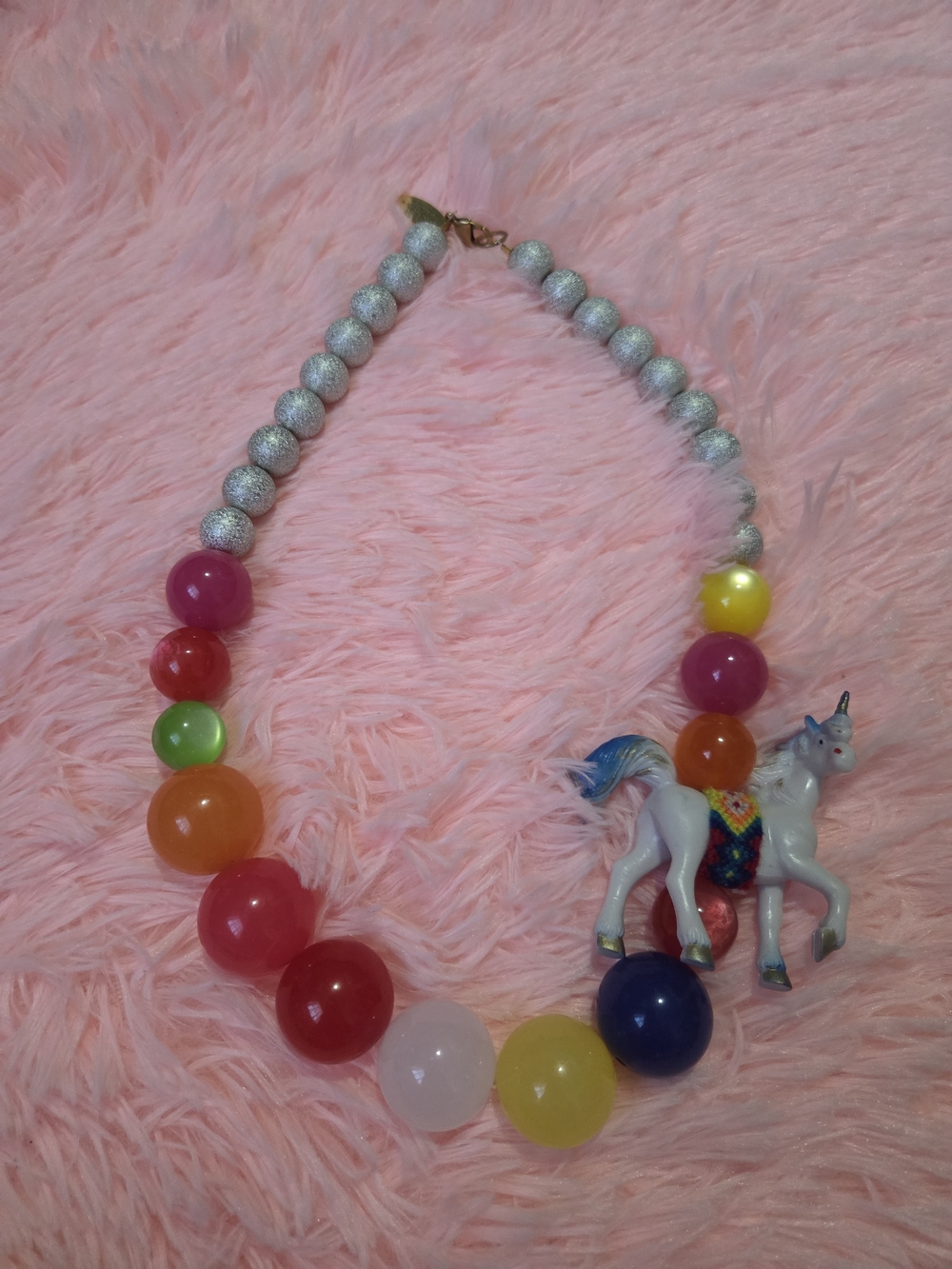 Multicolor Beaded Unicorn Necklace — Bright Pink, Yellow & Blue